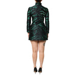 Back view of Dolce & Gabbana Black Green Metallic Jacquard Mini Long Dress, showcasing long sleeves and zipper closure.