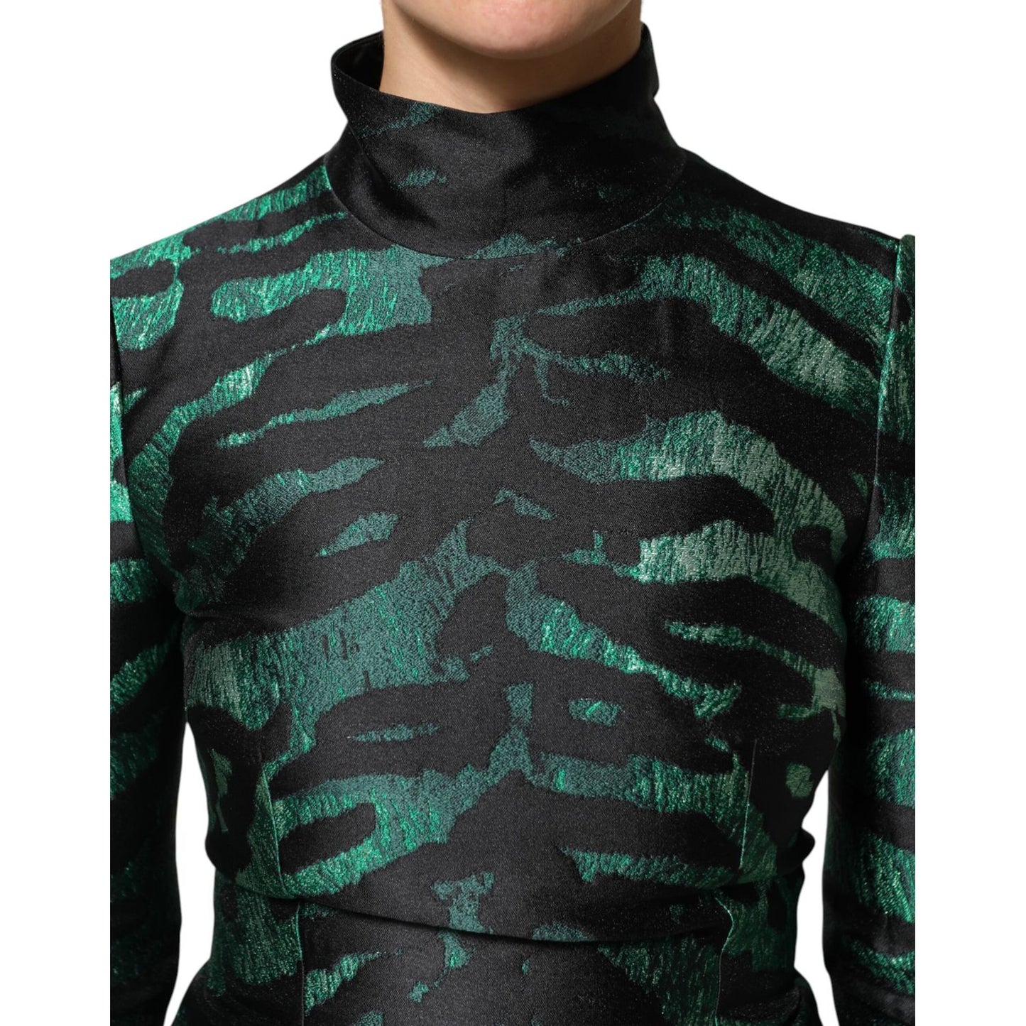 Dolce & Gabbana Black Green Metallic Jacquard Mini Long Dress with high neckline and structured silhouette, elegant evening fashion.