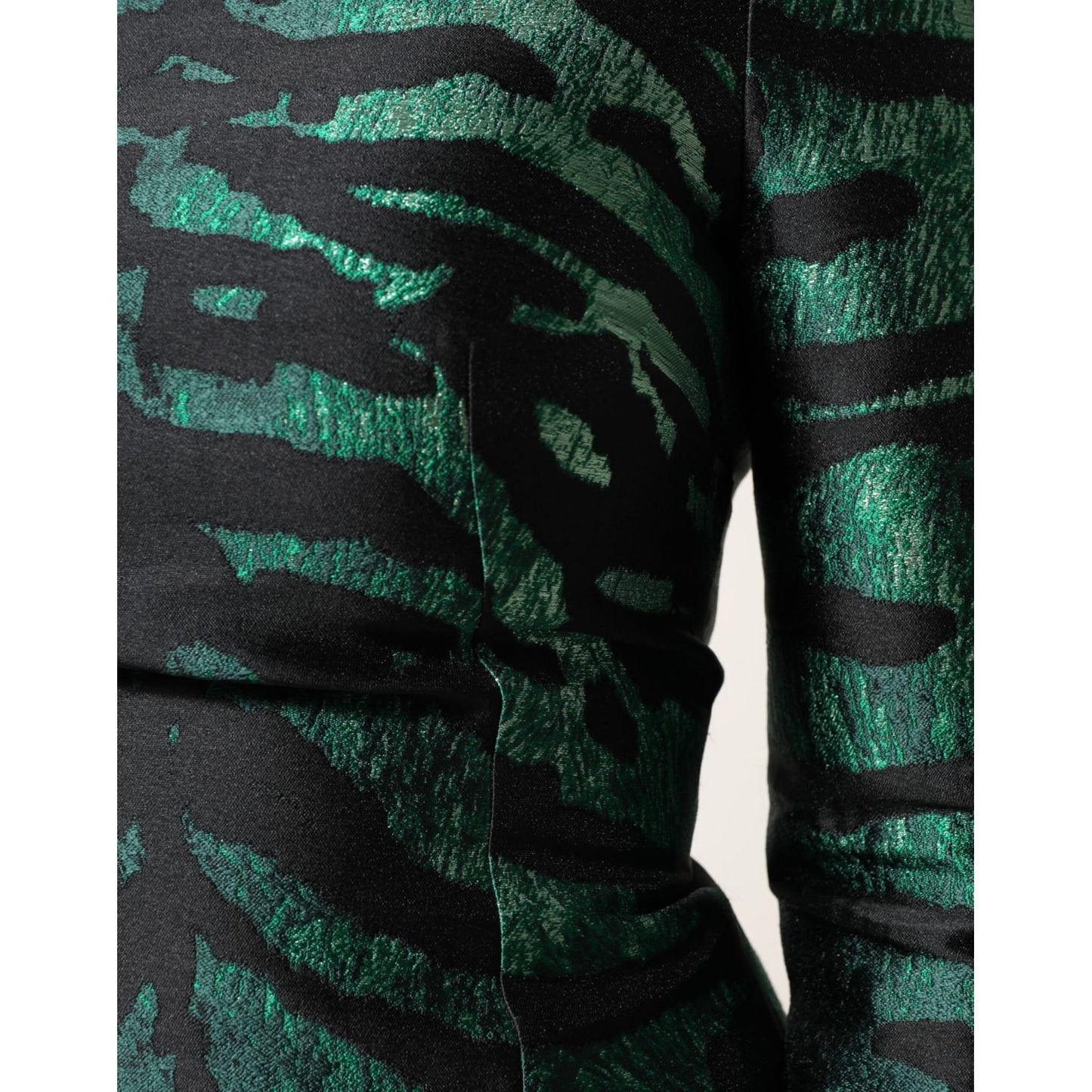 Close-up of Dolce & Gabbana Black Green Metallic Jacquard Mini Long Dress with elegant jacquard pattern and chic silhouette.