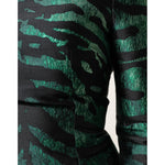 Close-up of Dolce & Gabbana Black Green Metallic Jacquard Mini Long Dress with elegant jacquard pattern and chic silhouette.