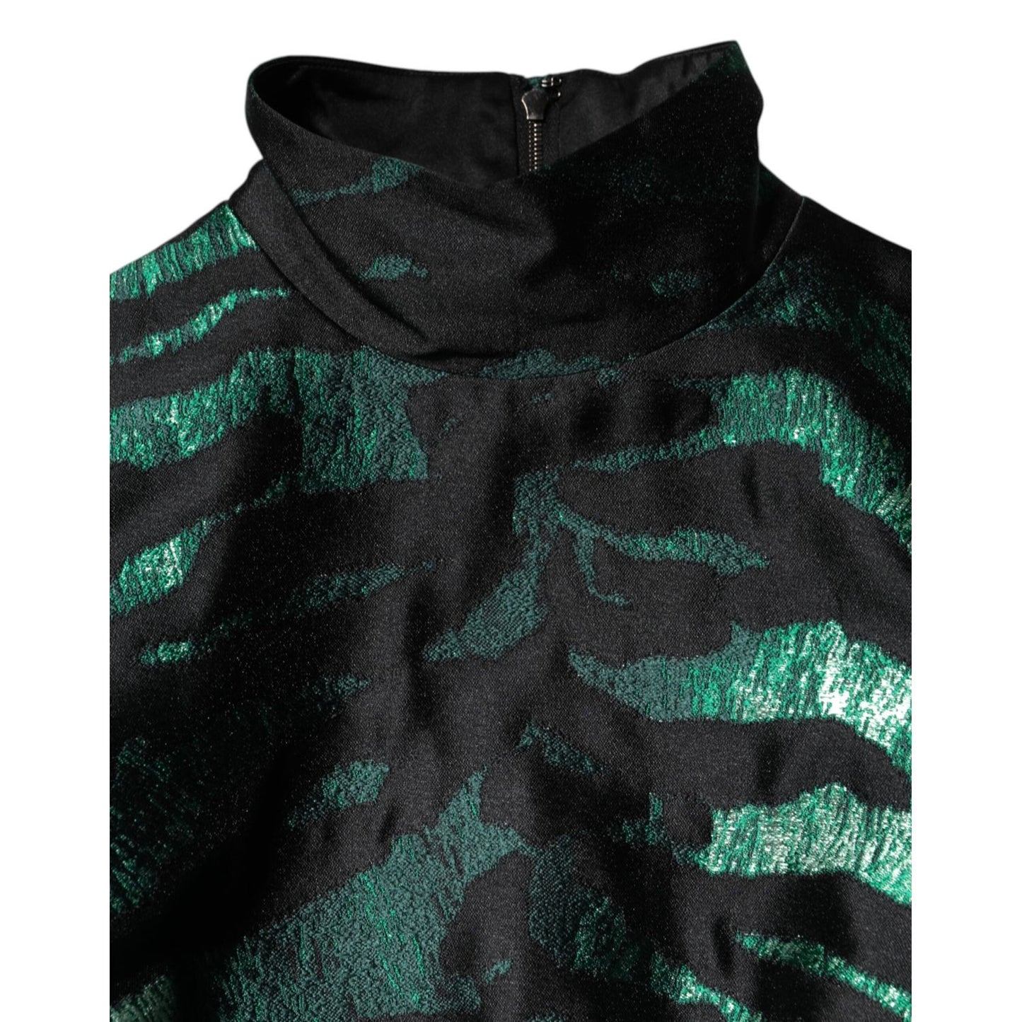 Close-up of Dolce & Gabbana Black Green Metallic Jacquard Mini Long Dress featuring a high neckline and elegant jacquard pattern.