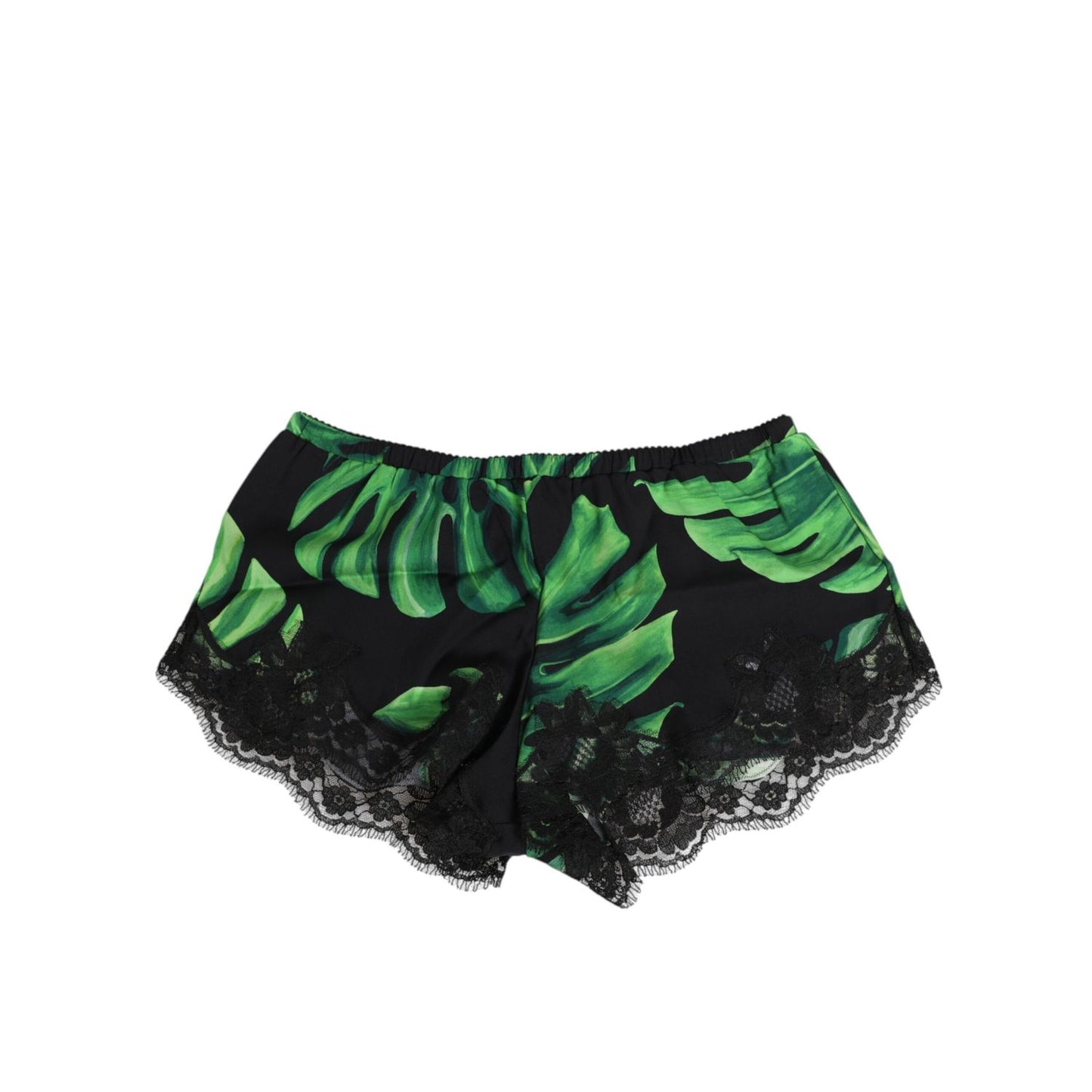 Dolce & Gabbana Black Green Tropical Print Lace Underwear with lush green leaves on black silk and lace trim, luxury loungewear.