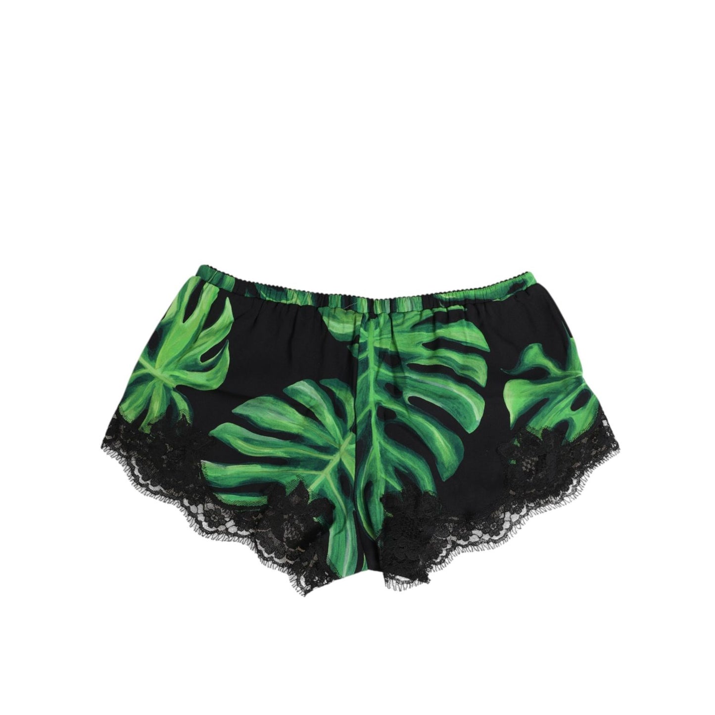 Dolce & Gabbana Black Green Tropical Print Lace Underwear shorts with lush leaf design and delicate black lace trim.