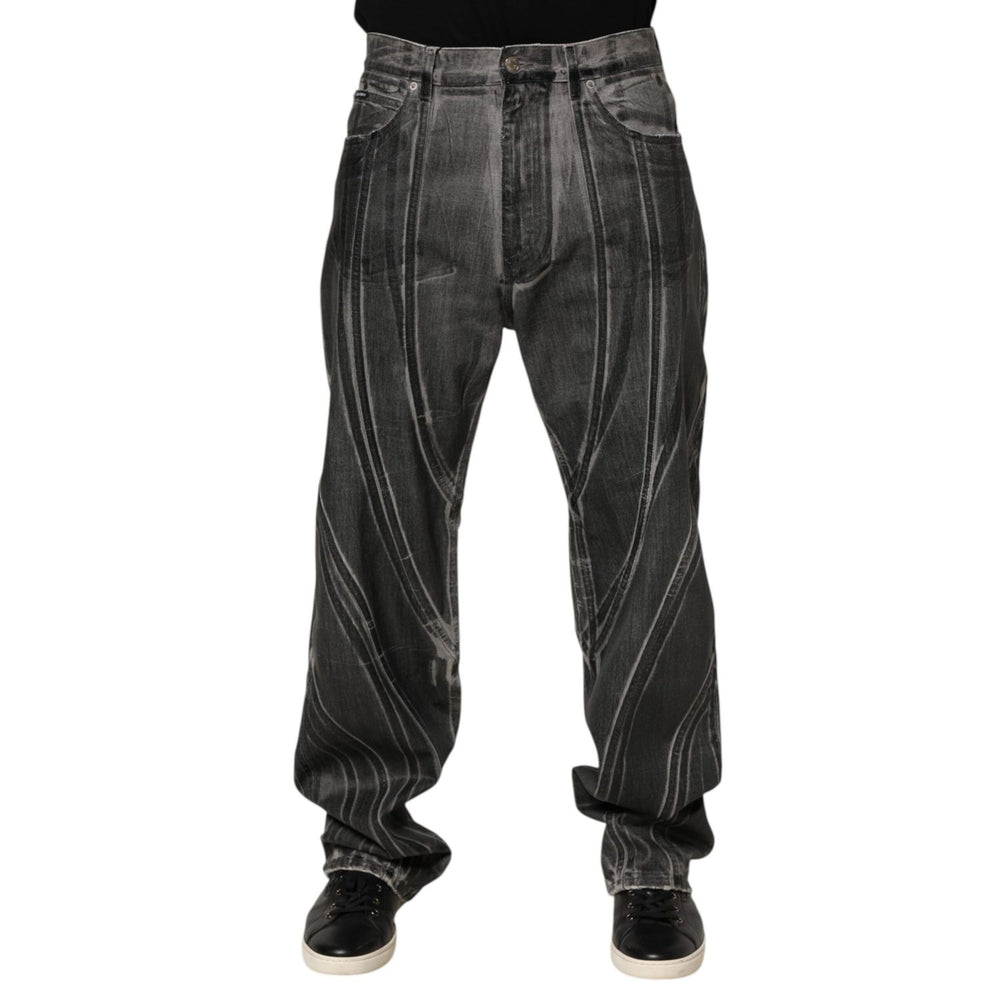 Dolce & Gabbana Black Grey Graphic Print Denim Pants Jeans with bold lines and relaxed fit