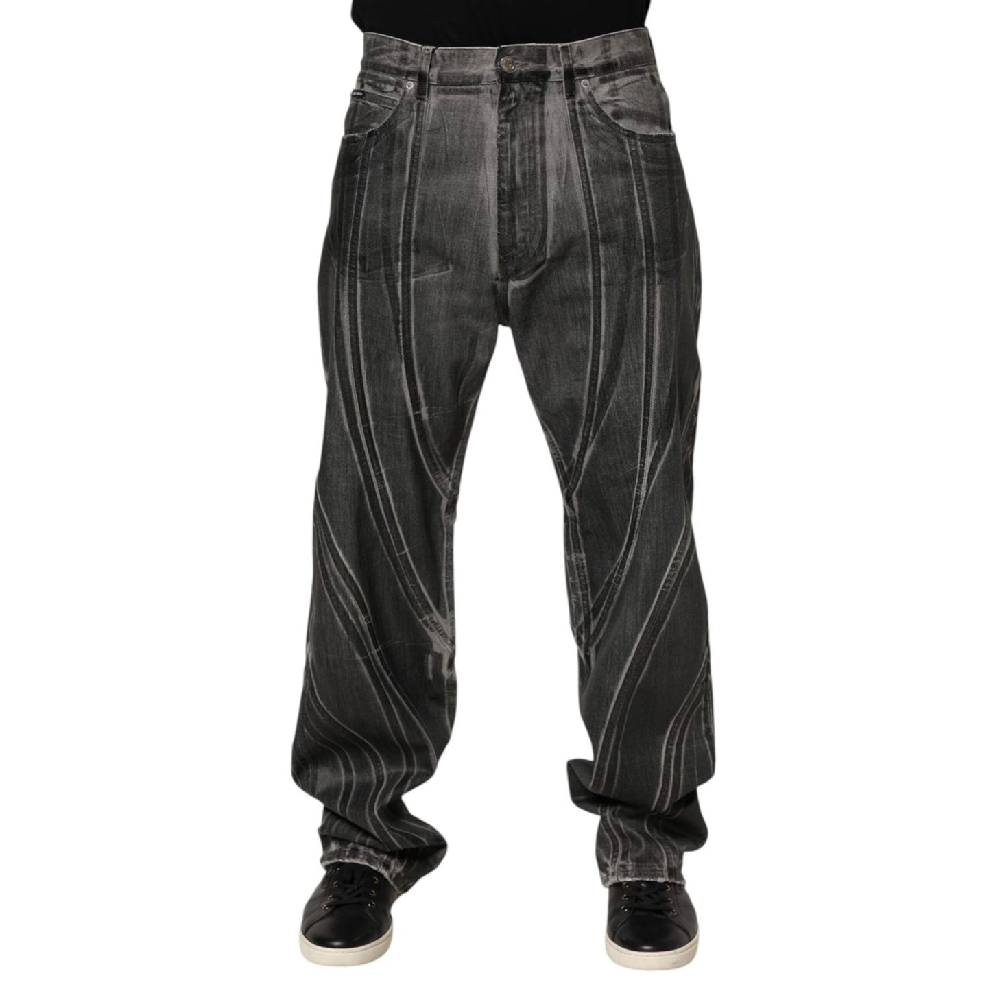 Dolce & Gabbana Black Grey Graphic Print Denim Pants Jeans with bold lines and relaxed fit