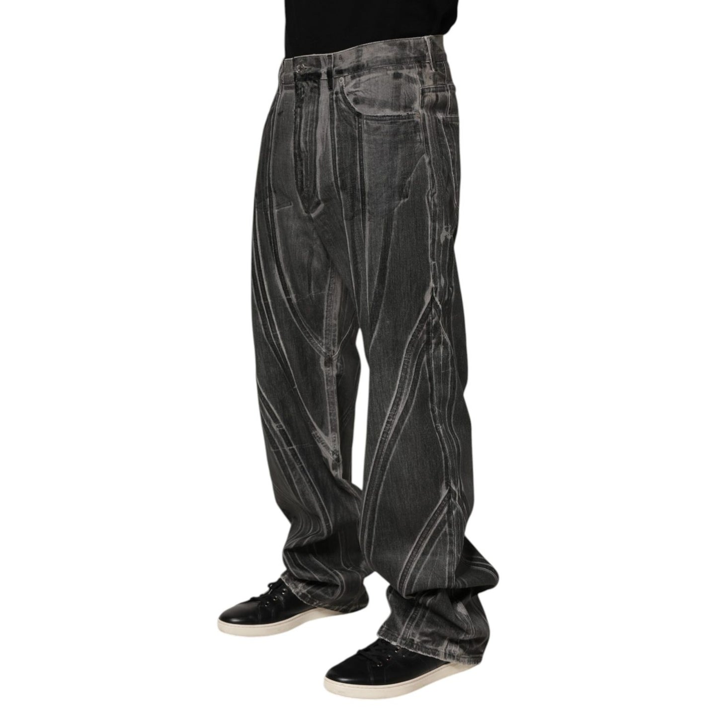Dolce & Gabbana Black Grey Graphic Print Denim Pants Jeans with bold lines and relaxed fit.