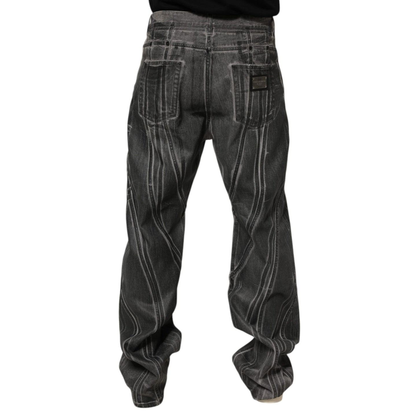 Dolce & Gabbana Black Grey Graphic Print Denim Pants Jeans with unique wash design, relaxed fit, and logo plaque on the back.
