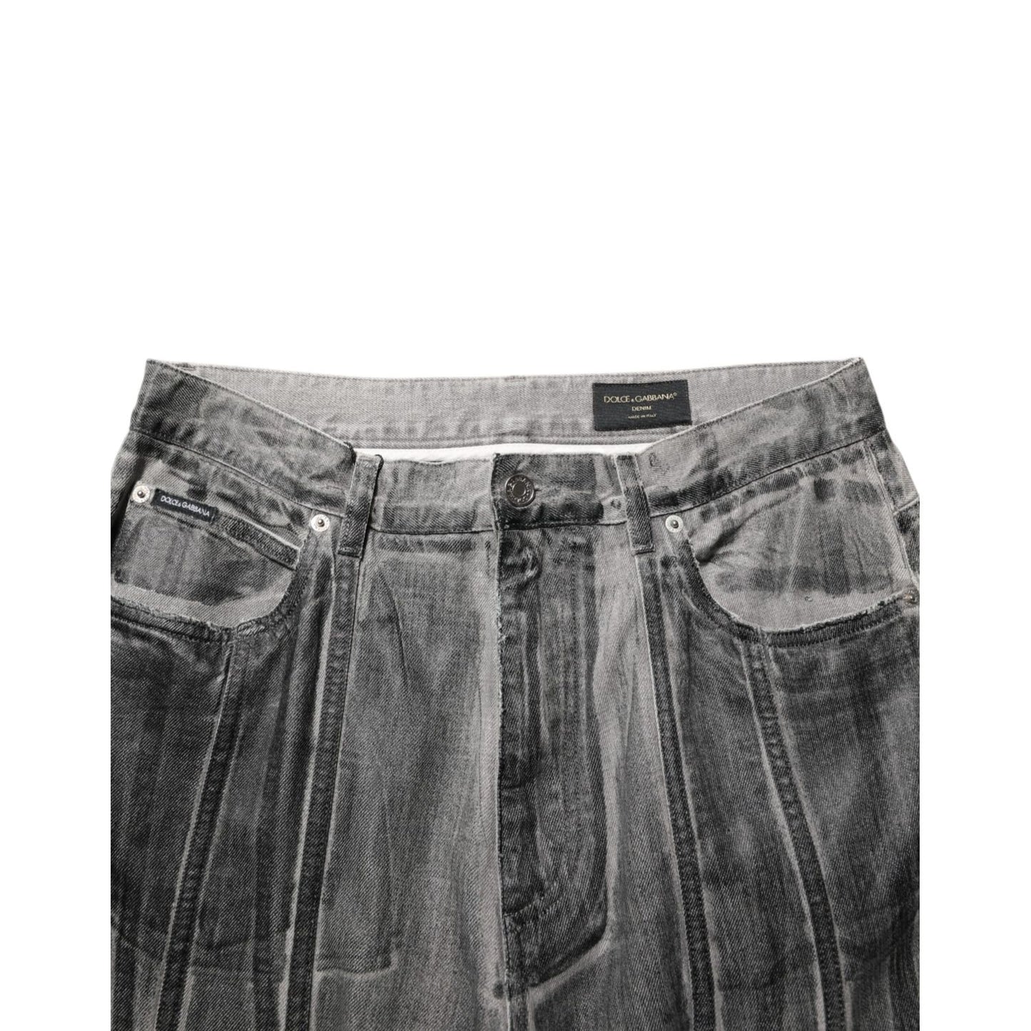 Dolce & Gabbana Black Grey Graphic Print Denim Pants Jeans with unique design and relaxed fit.