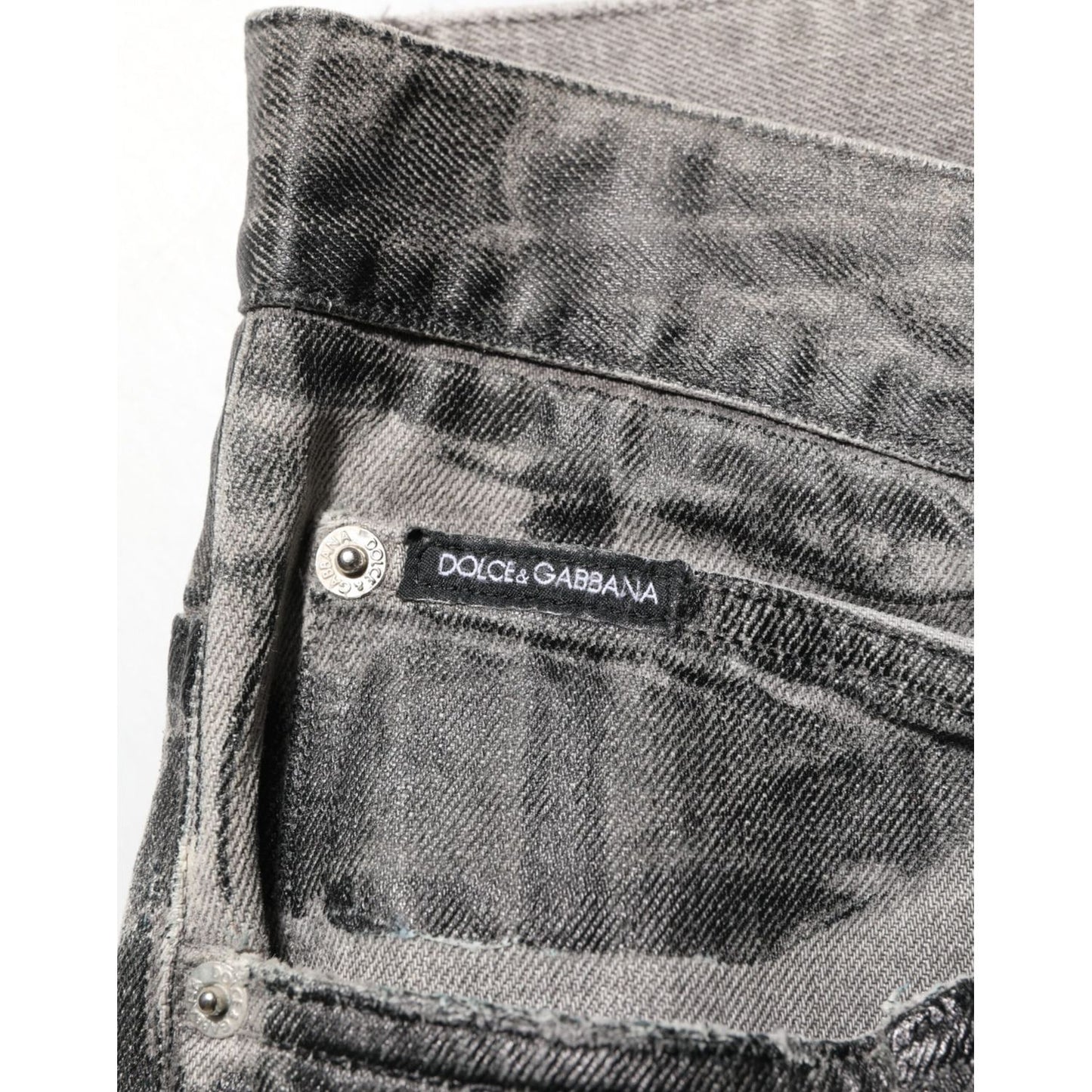 Dolce & Gabbana Black Grey Graphic Print Denim Pants Jeans close-up with logo plaque on pocket