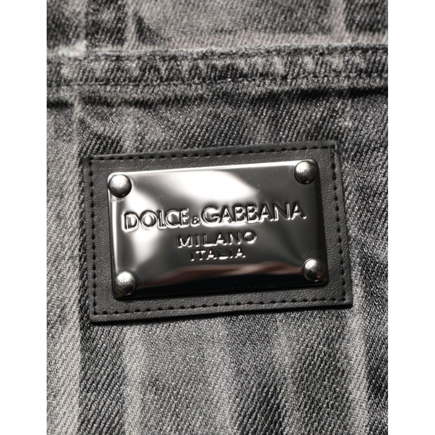 Close-up of Dolce & Gabbana Black Grey Graphic Print Denim Pants Jeans with logo plaque