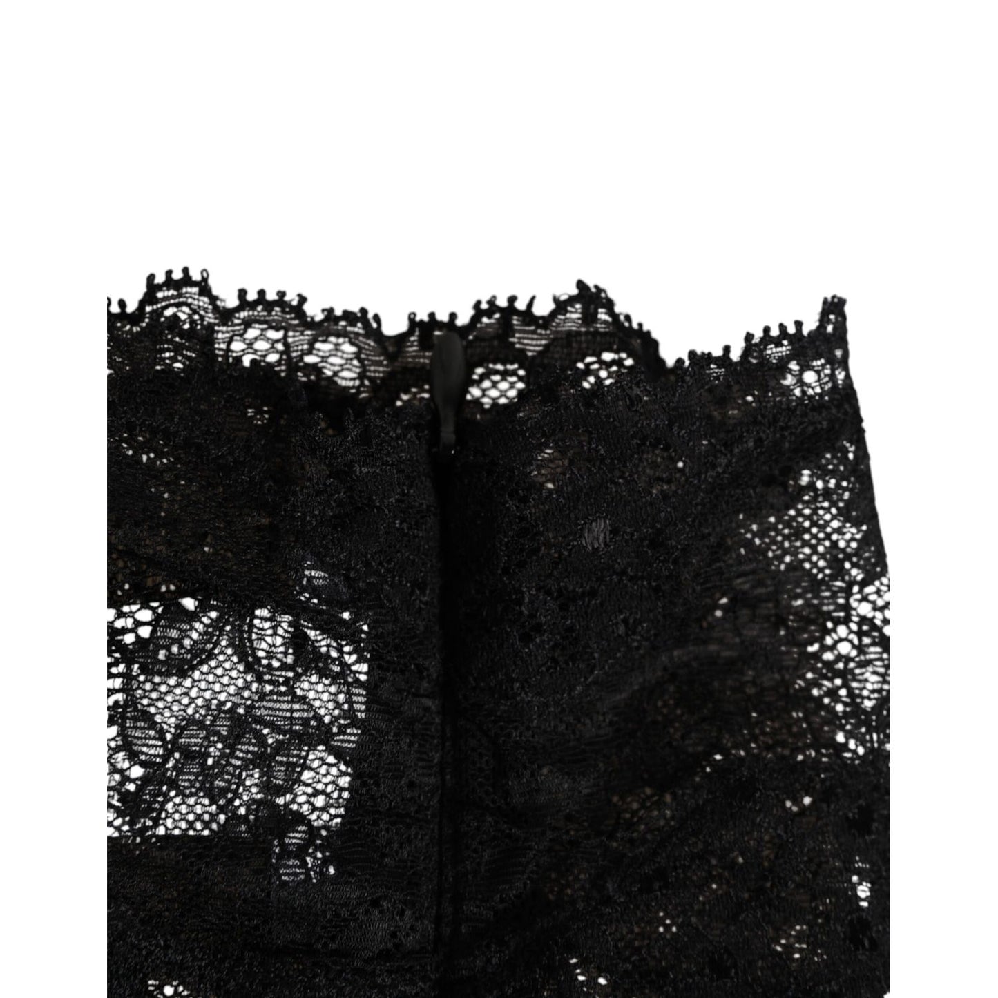 Dolce & Gabbana Black Lace Bandeau Bustier Top Sheer Stretch Underwear with scalloped edges and side zip closure.