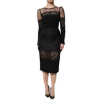 Dolce & Gabbana Black Lace Trim Nylon Tulle SheathMidi Dress with elegant lace detailing for evening events