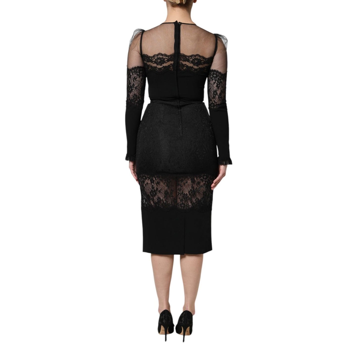 Dolce & Gabbana Black Lace Trim Nylon Tulle SheathMidi Dress back view showcasing intricate lace design.