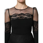 Dolce & Gabbana Black Lace Trim Nylon Tulle SheathMidi Dress with sheer lace detailing, elegant choice for evening occasions.