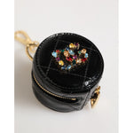 Dolce & Gabbana Black Lamb Leather DG Crystal Logo Round Coin Purse Wallet with gold hardware and quilted design