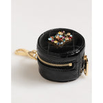 Dolce & Gabbana Black Lamb Leather DG Crystal Logo Round Coin Purse Wallet with multicolor crystal and gold-tone hardware.