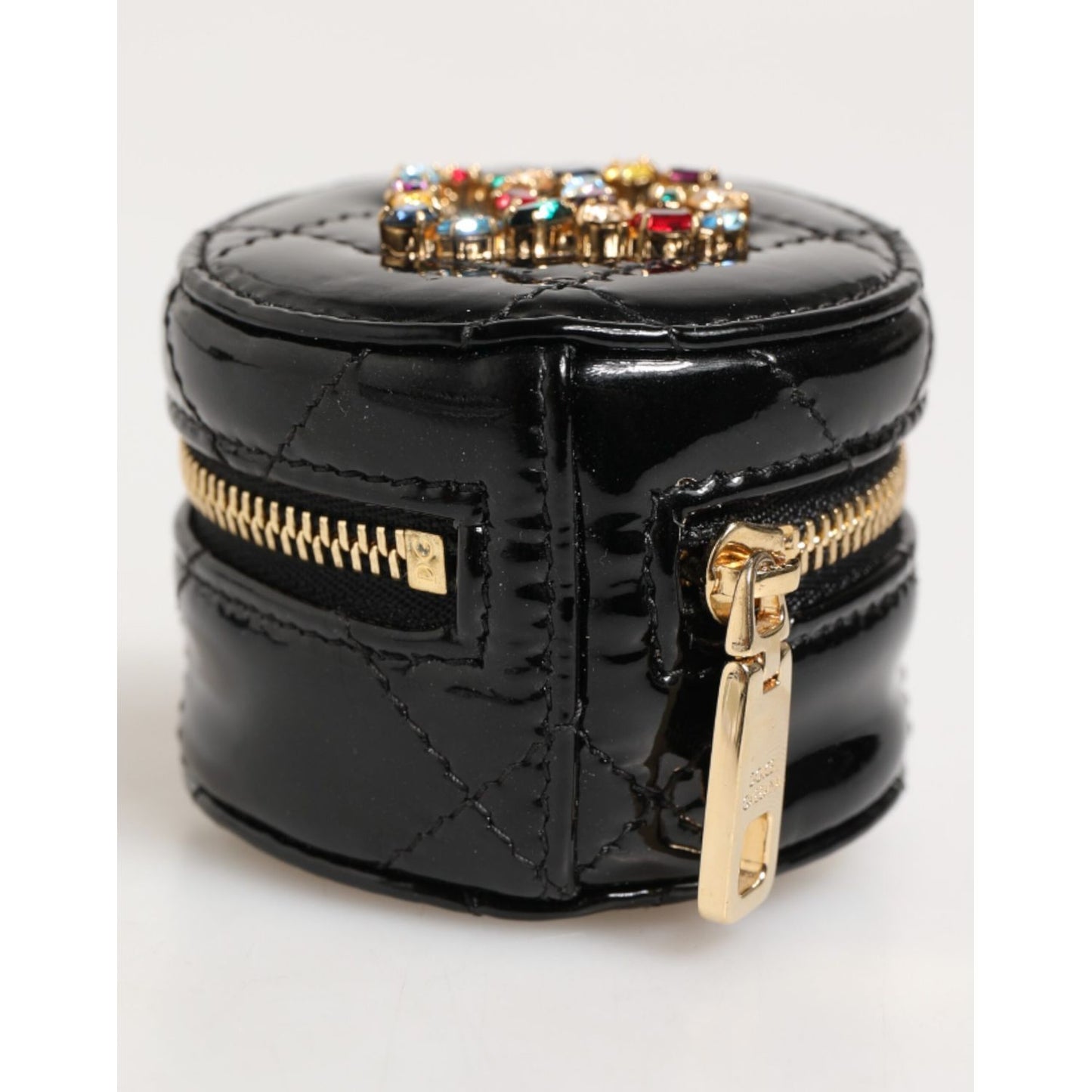 Dolce & Gabbana Black Lamb Leather DG Crystal Logo Round Coin Purse Wallet with gold zipper and multicolor crystal embellishment