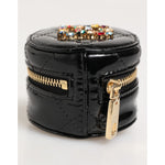 Dolce & Gabbana Black Lamb Leather DG Crystal Logo Round Coin Purse Wallet with gold zipper and multicolor crystal embellishment