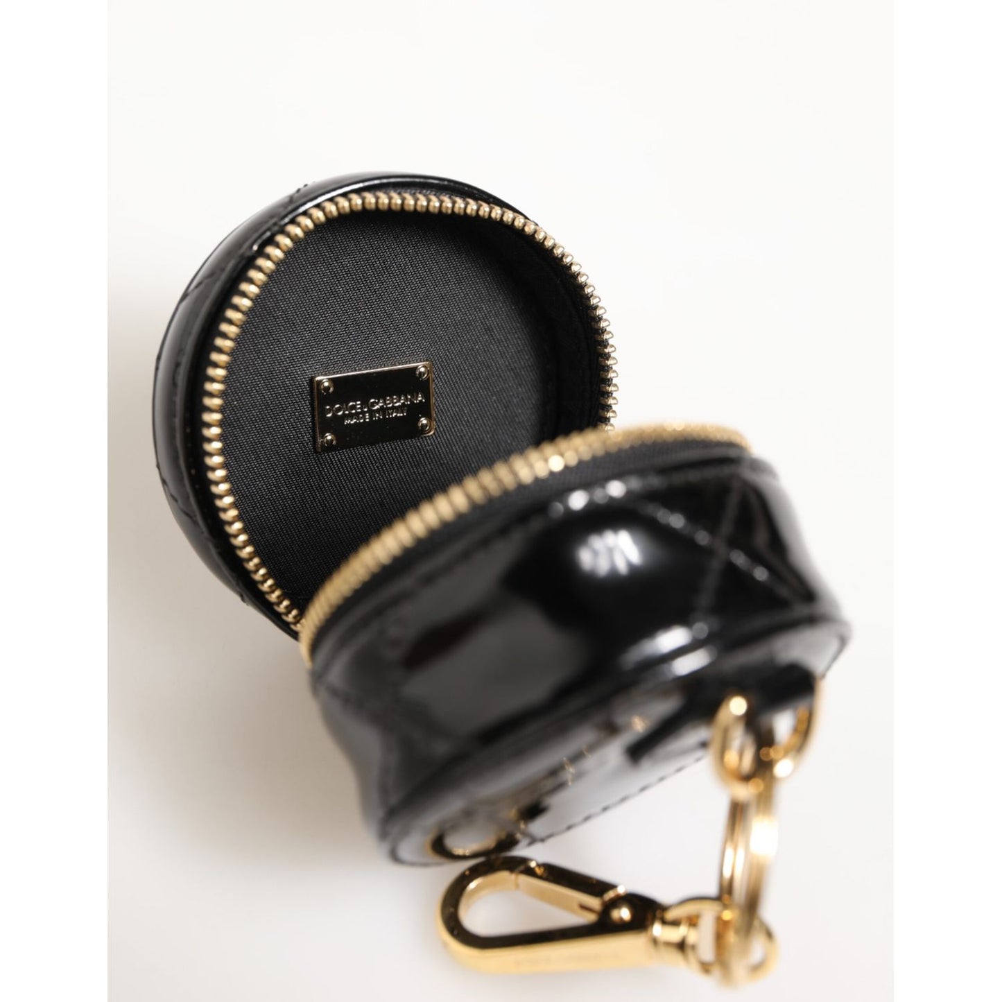 Dolce & Gabbana Black Lamb Leather DG Crystal Logo Round Coin Purse Wallet open with keychain clasp.
