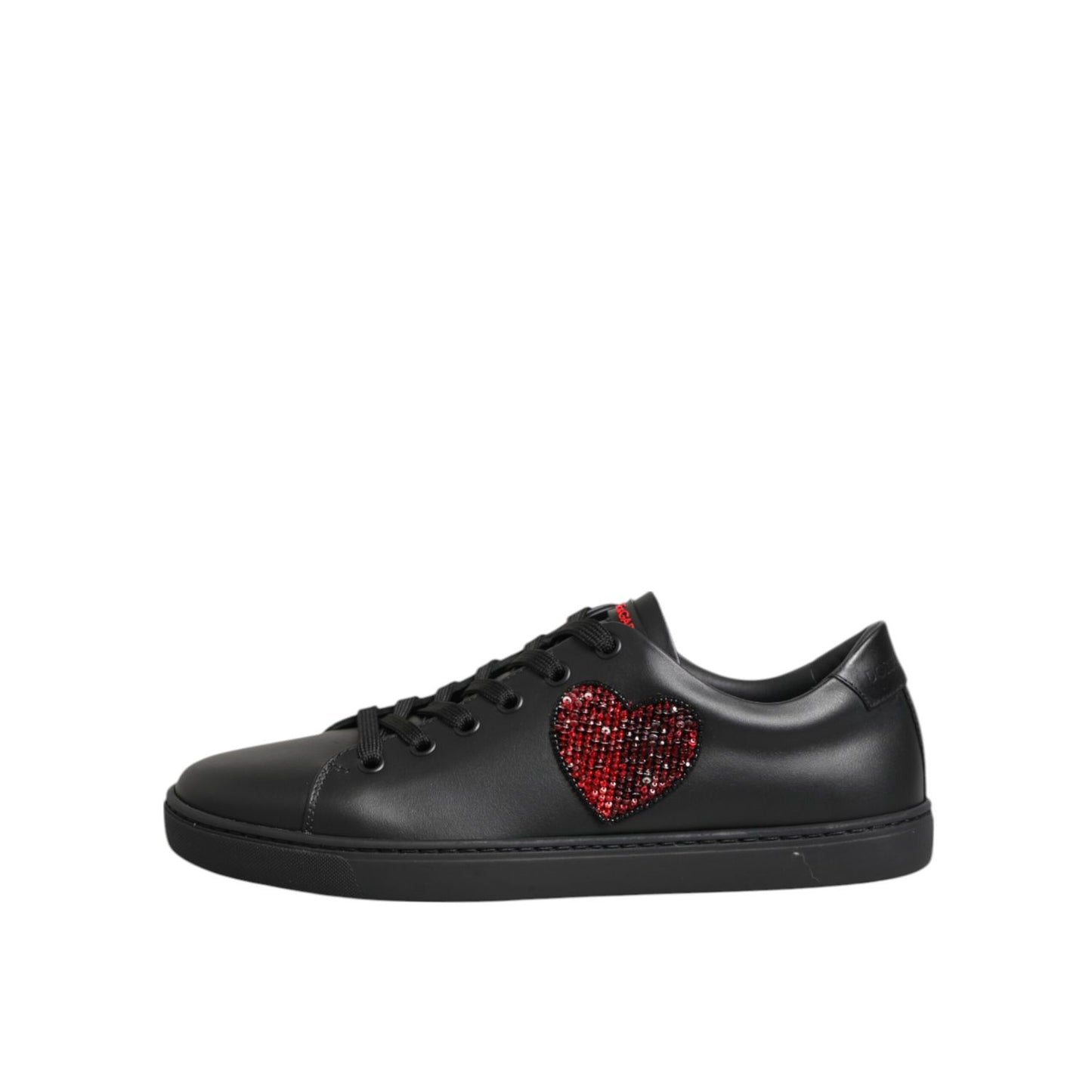 Dolce & Gabbana Black Leather Crystal Heart Low Top Sneakers Shoes with red crystal heart patch and lace-up design.