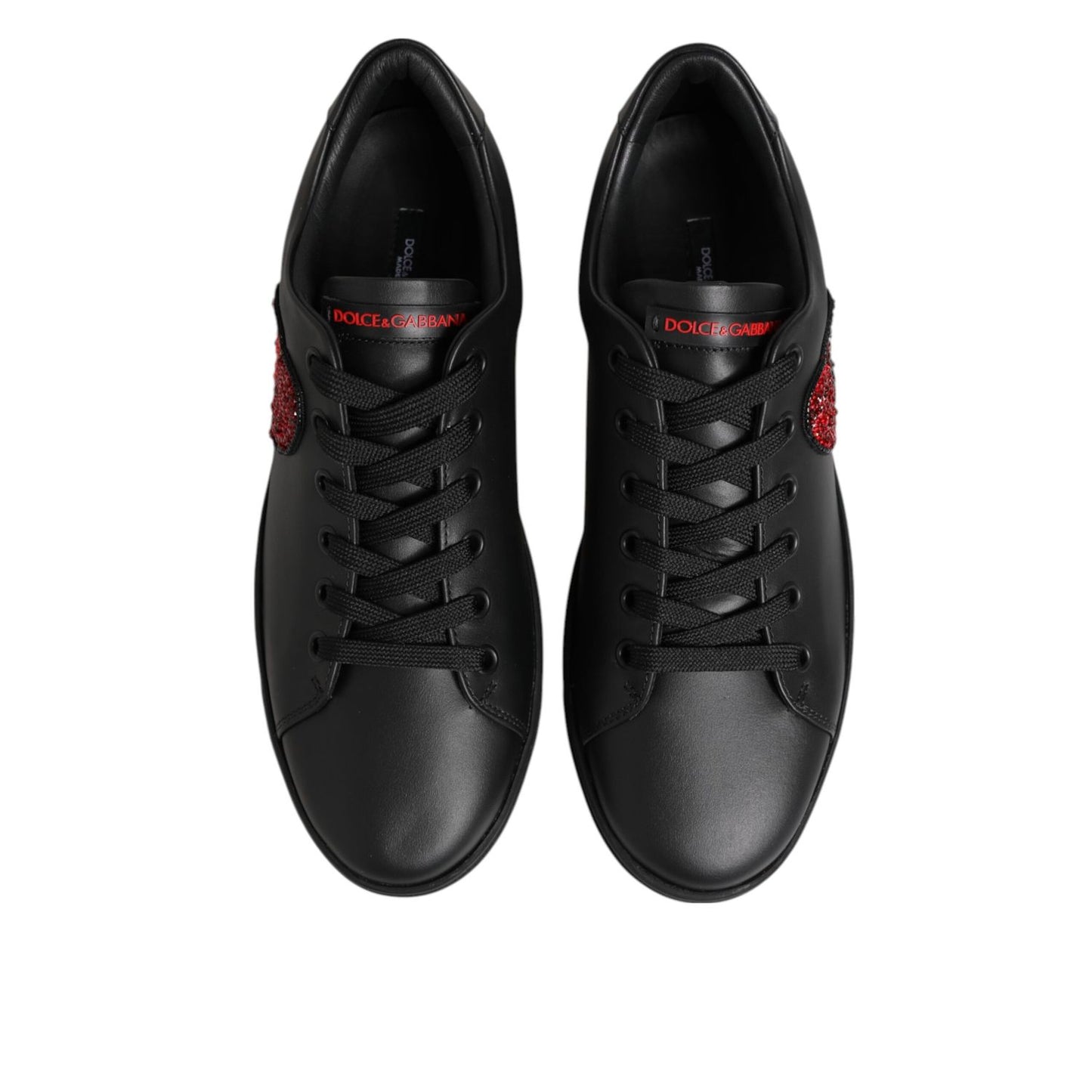 Dolce & Gabbana Black Leather Crystal Heart Low Top Sneakers Shoes with black laces and red crystal heart patch detail.
