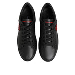 Dolce & Gabbana Black Leather Crystal Heart Low Top Sneakers Shoes with black laces and red crystal heart patch detail.