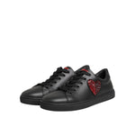 Dolce & Gabbana Black Leather Crystal Heart Low Top Sneakers Shoes with red heart patch in sleek design.