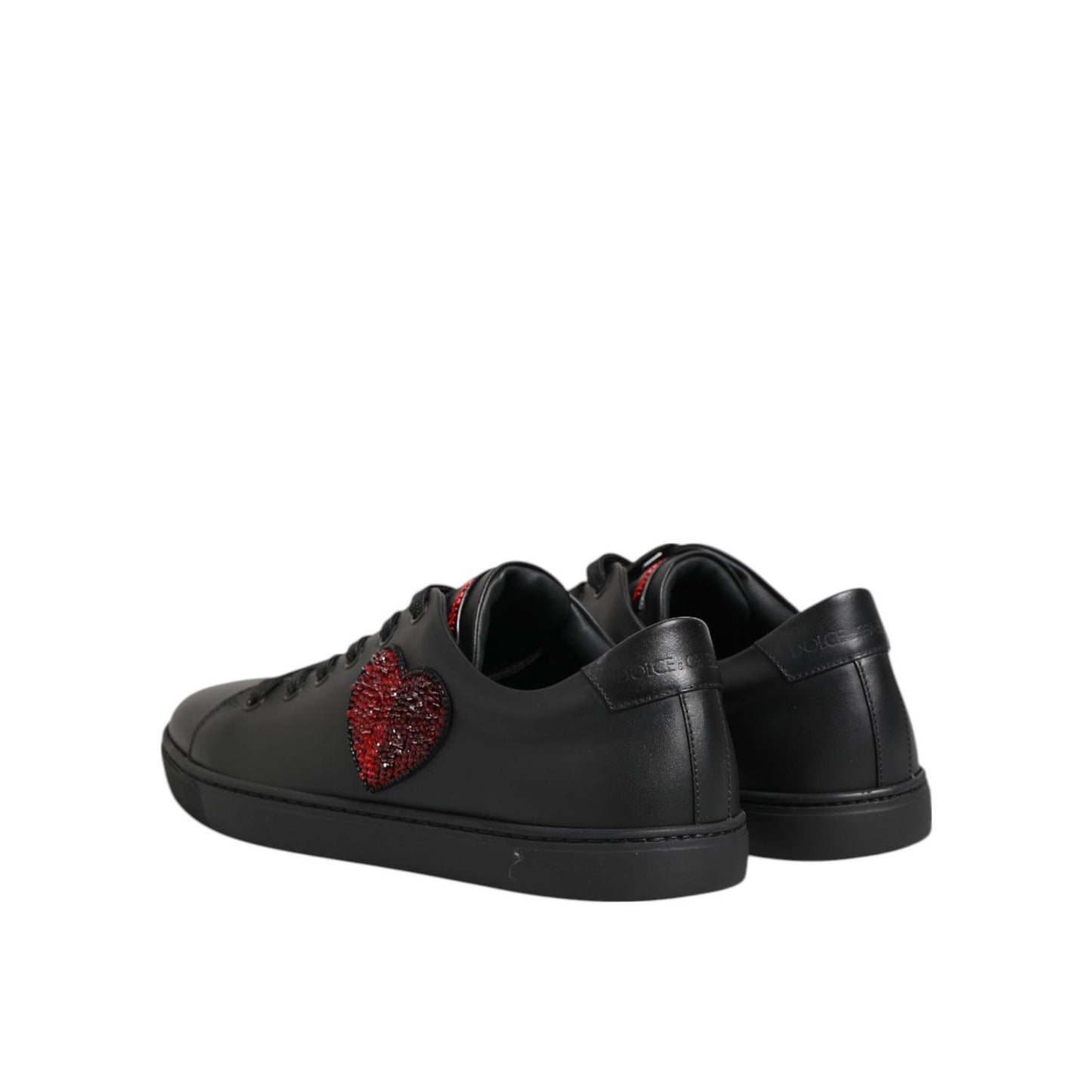 Dolce & Gabbana Black Leather Crystal Heart Low Top Sneakers Shoes with red heart patch and black rubber sole.