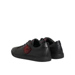 Dolce & Gabbana Black Leather Crystal Heart Low Top Sneakers Shoes with red heart patch and black rubber sole.