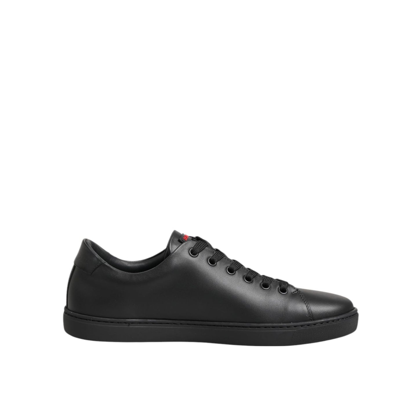Dolce & Gabbana Black Leather Crystal Heart Low Top Sneakers Shoes with red crystal heart patch and black rubber sole.