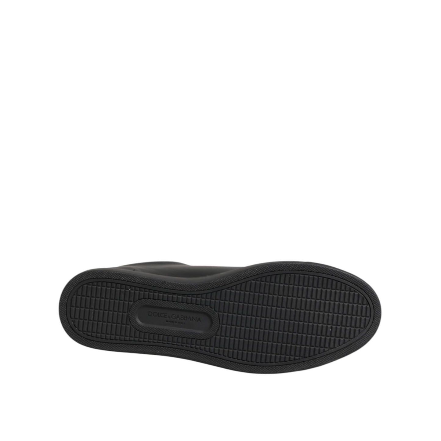 Sole view of Dolce & Gabbana Black Leather Crystal Heart Low Top Sneakers Shoes showcasing rubber detailing and brand logo.