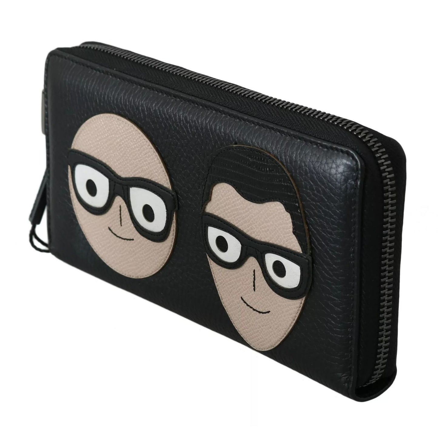 Dolce & Gabbana Black Leather #DGFAMILY Zipper Continental Mens Wallet with cartoon faces, 100% leather, multiple slots, made in Italy.