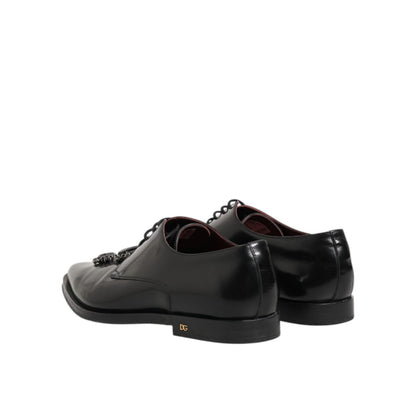 Dolce & Gabbana Black Leather Jeweled Crystals Derby Shoes