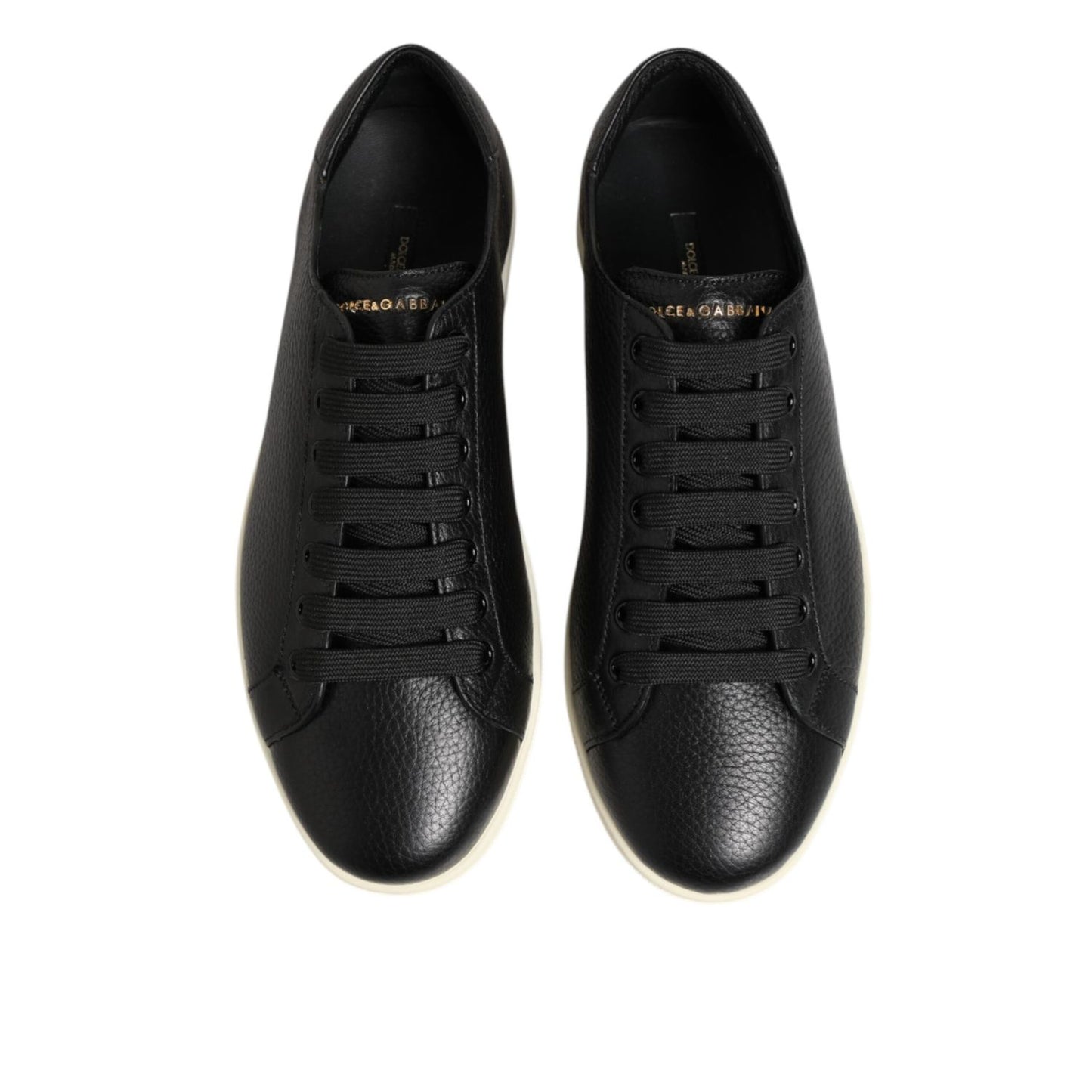 Dolce & Gabbana Black Leather Lace Up Low Top Sneakers Shoes featuring an elegant black design and traditional lace-up closure.