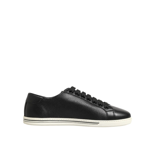 Dolce & Gabbana Black Leather Lace Up Low Top Sneakers Shoes with rubber sole and logo details, crafted in Italy for modern style.