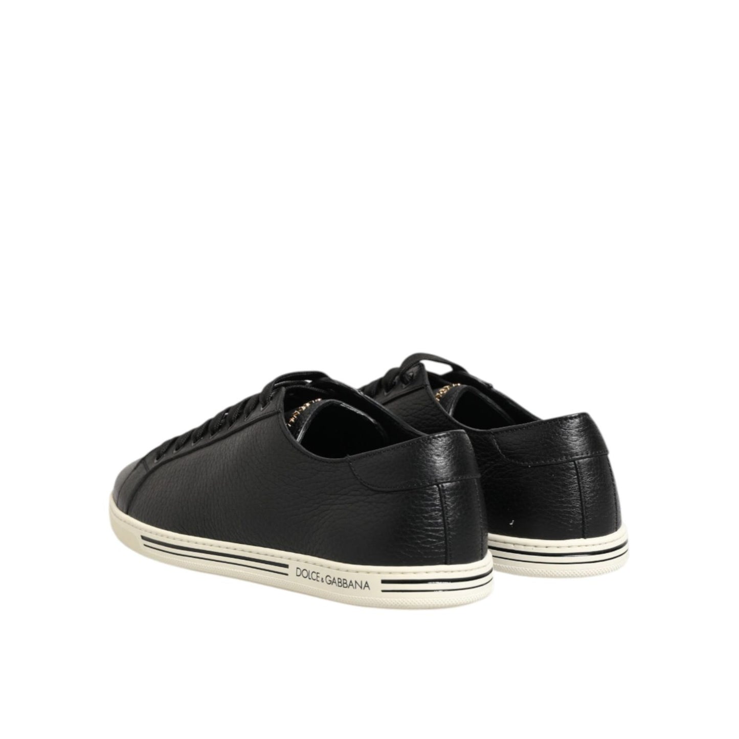 Dolce & Gabbana Black Leather Lace Up Low Top Sneakers Shoes, crafted from smooth black leather with rubber soles, rear view.