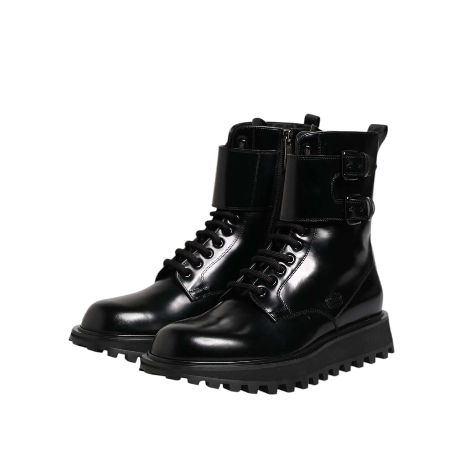 Dolce & Gabbana Black Leather Lace Up Mid Calf Boots Shoes