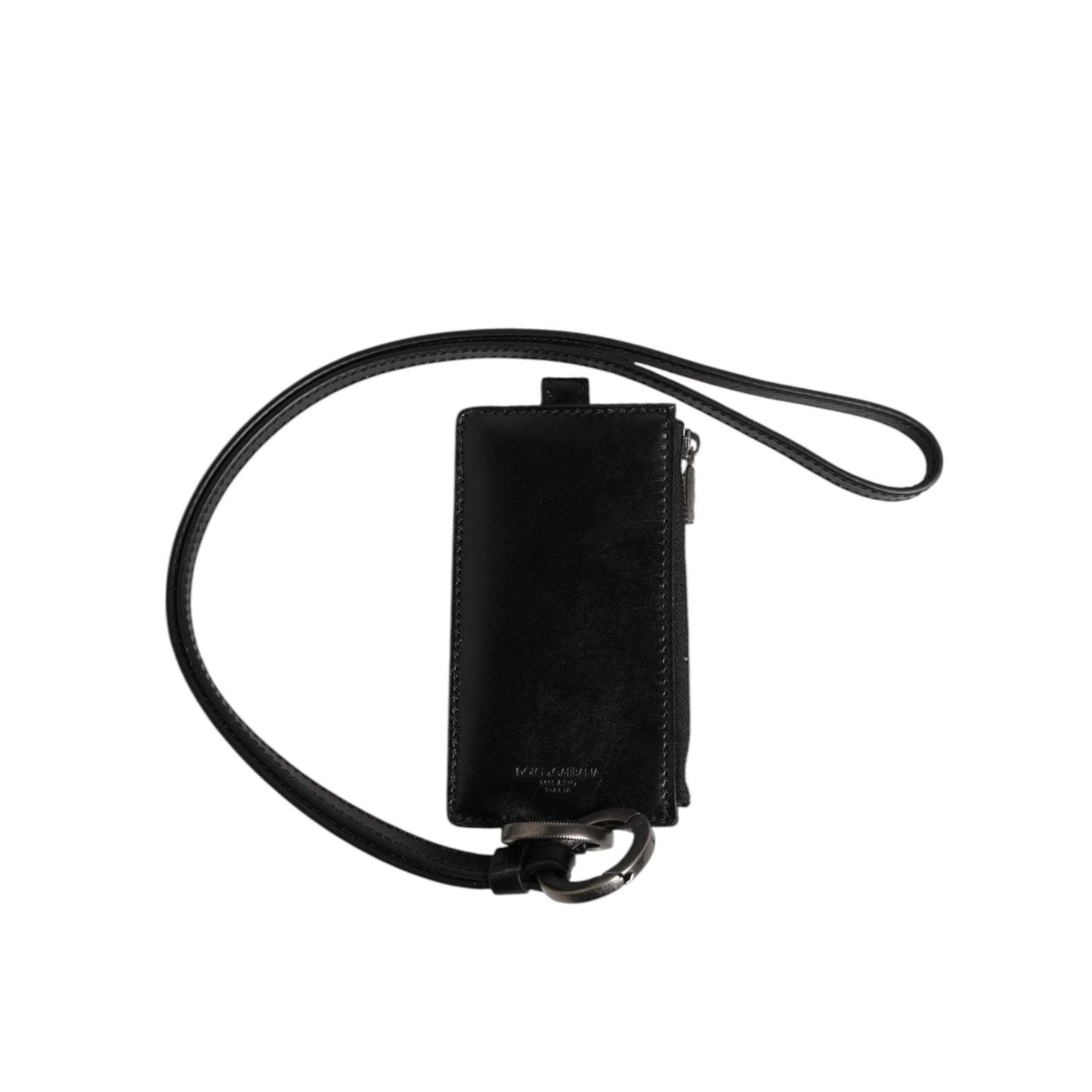 Dolce & Gabbana Black Leather Logo Embossed Lanyard Card Holder Wallet, featuring lanyard strap and zip fastening, made of 100% horse leather.