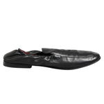 Dolce & Gabbana Black Leather Slip On Men Flat Loafers Shoes, preowned, 100% calfskin, logo details, made in Italy, side view.