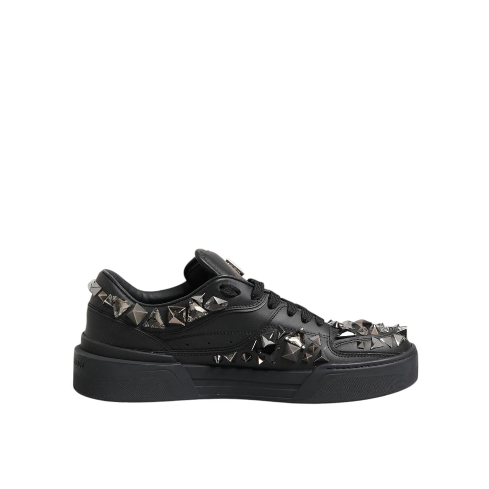 Dolce & Gabbana Black Leather Studded Low Top Sneakers Shoes with rubber sole and lace-up closure, showcasing luxury and craftsmanship.