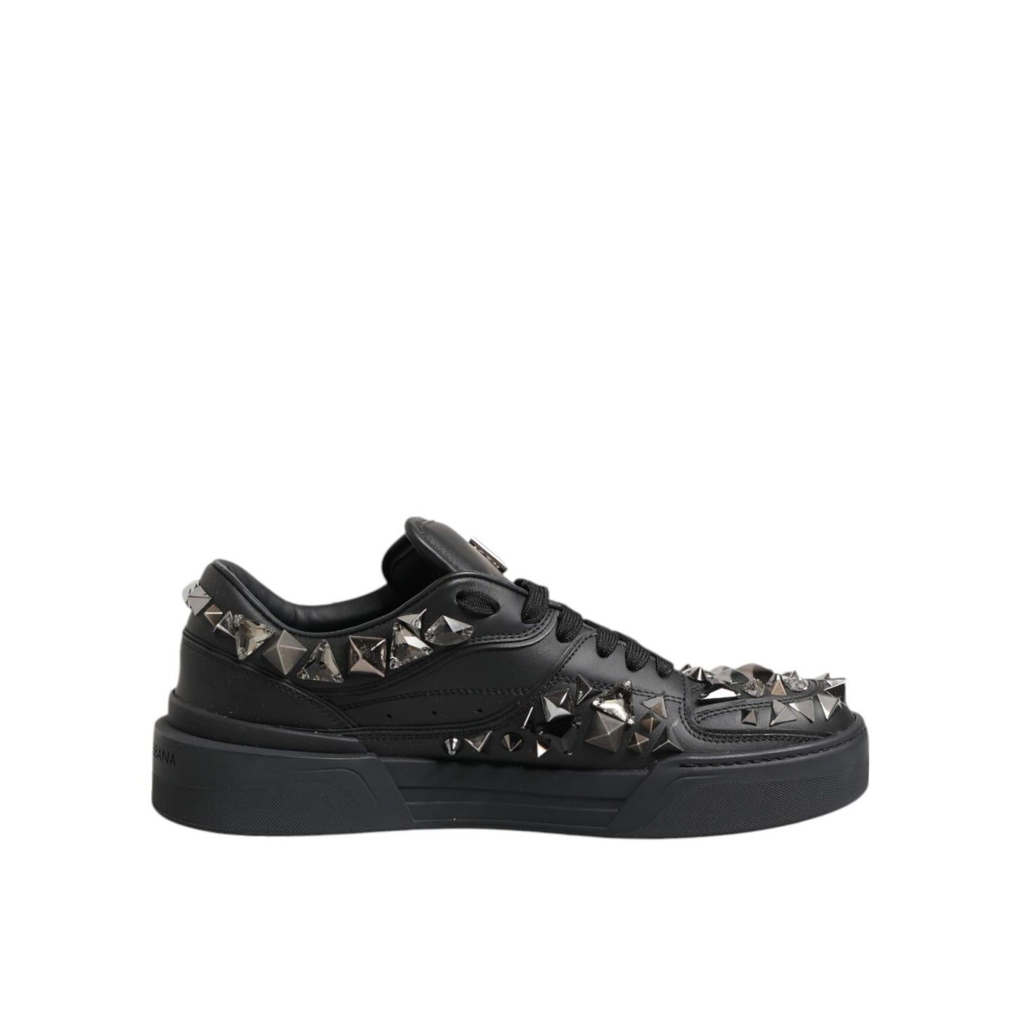 Dolce & Gabbana Black Leather Studded Low Top Sneakers Shoes with metal studs and rubber soles, side view.