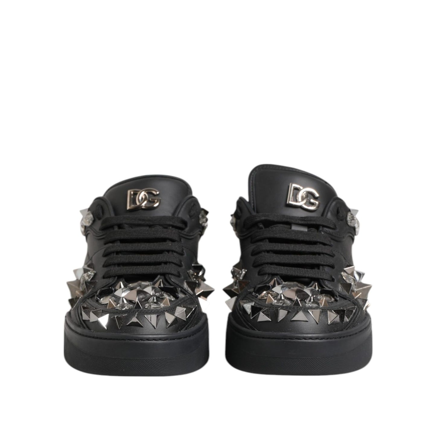 Dolce & Gabbana Black Leather Studded Low Top Sneakers Shoes with logo details and rubber sole, made in Italy.