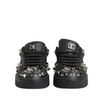 Dolce & Gabbana Black Leather Studded Low Top Sneakers Shoes with logo details and rubber sole, made in Italy.