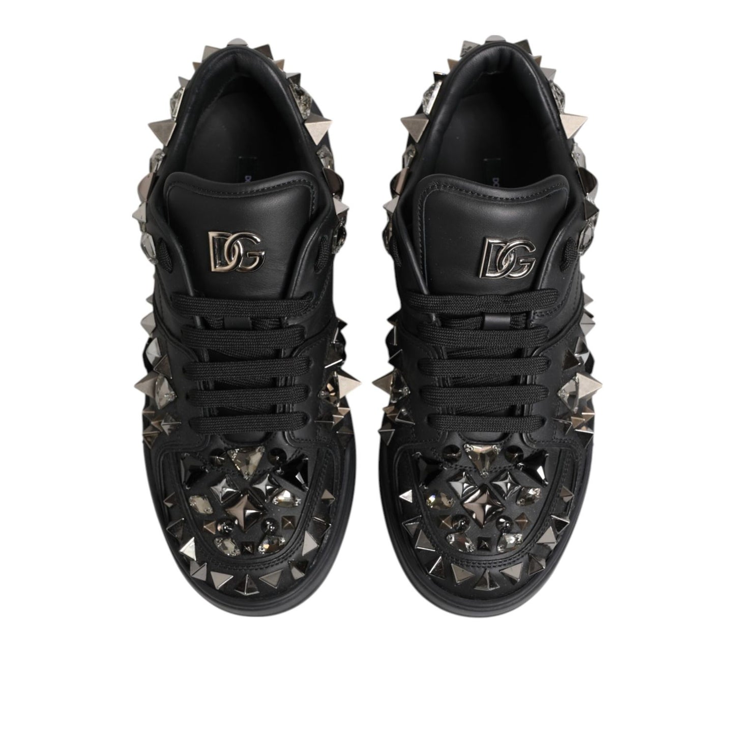 Dolce & Gabbana Black Leather Studded Low Top Sneakers Shoes with logo details and rubber sole.