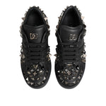 Dolce & Gabbana Black Leather Studded Low Top Sneakers Shoes with logo details and rubber sole.