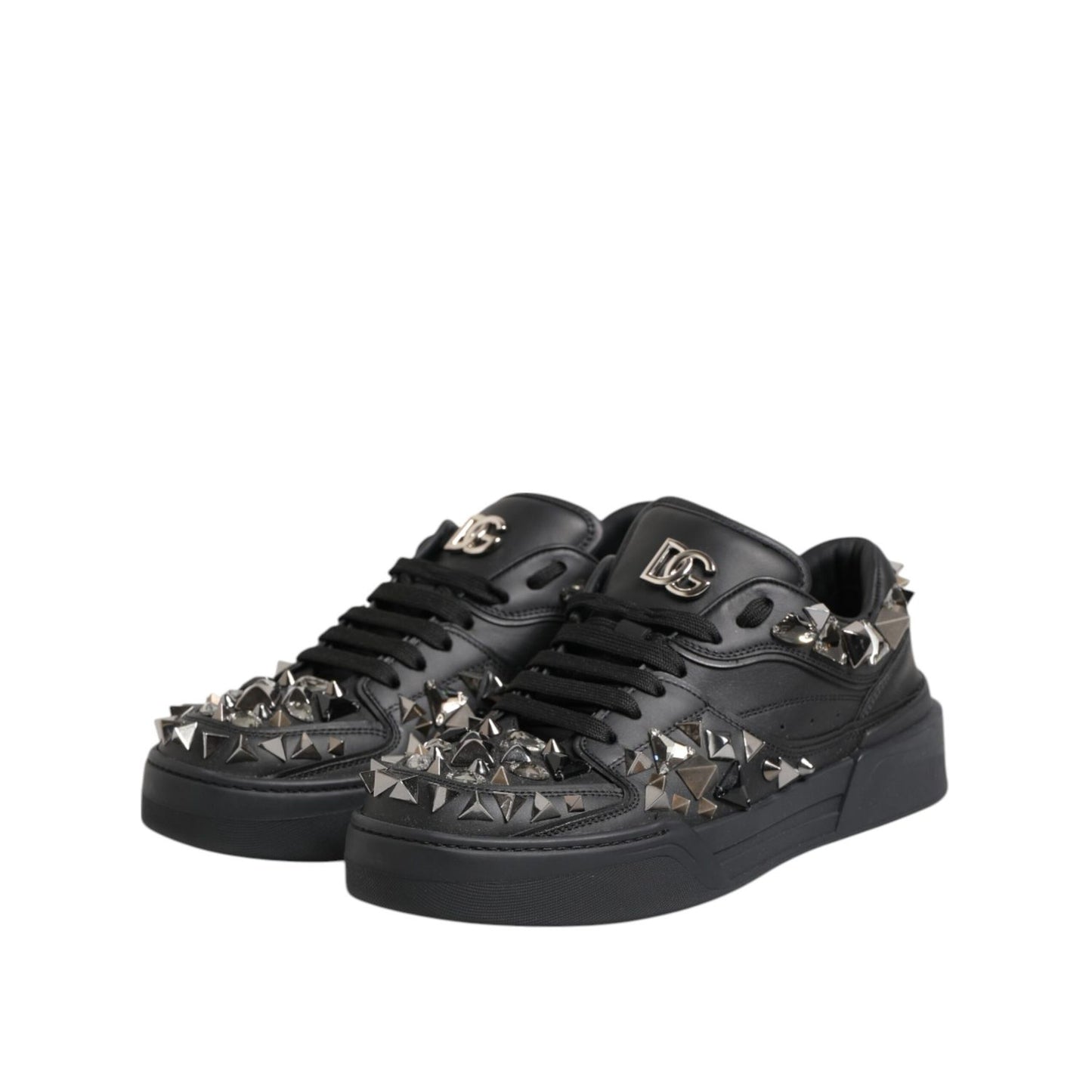 Dolce & Gabbana Black Leather Studded Low Top Sneakers Shoes with logo detail, rubber sole, and lace up closure, made of 100% calf leather.