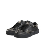 Dolce & Gabbana Black Leather Studded Low Top Sneakers Shoes with logo detail, rubber sole, and lace up closure, made of 100% calf leather.