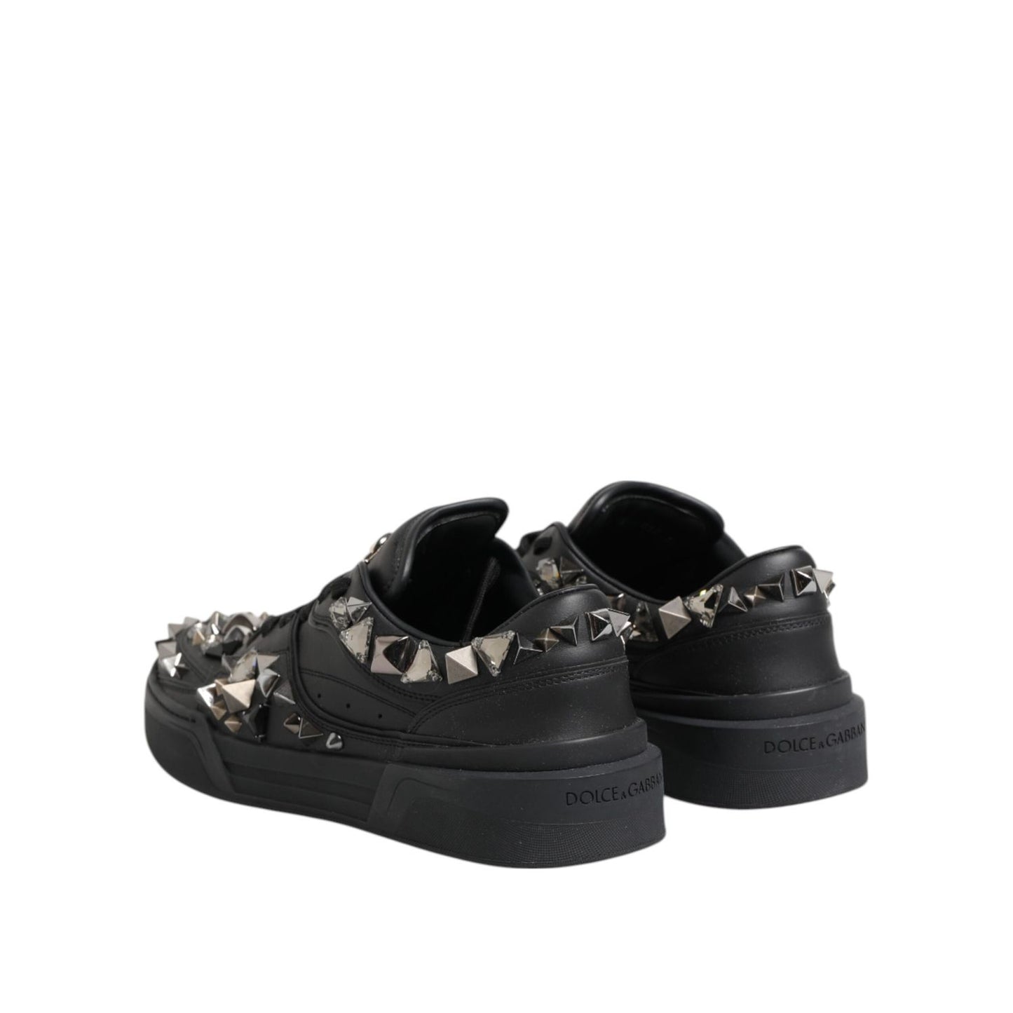 Dolce & Gabbana Black Leather Studded Low Top Sneakers Shoes with metal studs and rubber sole, showcasing luxury Italian craftsmanship.