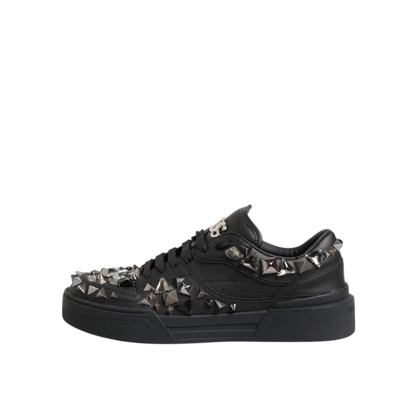 Dolce & Gabbana Black Leather Studded Low Top Sneakers Shoes with rubber sole and lace-up closure.