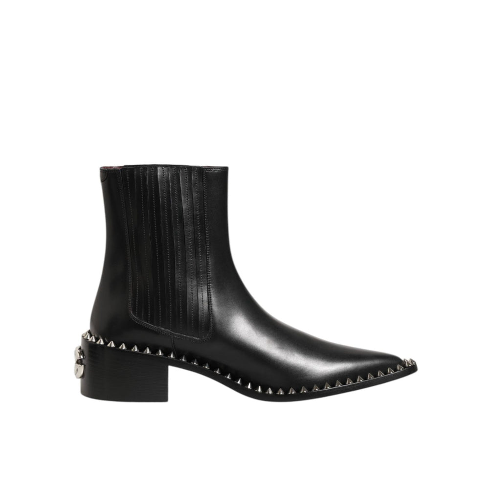 Dolce & Gabbana Black Leather Studded Men Short Boots Shoes sleek design with studded detailing and luxurious craftsmanship.